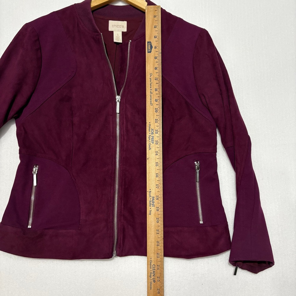 Chicos Faux Suede Mixed Media Moto Bomber Jacket Plum Purple Size 1 M - Picture 5 of 8
